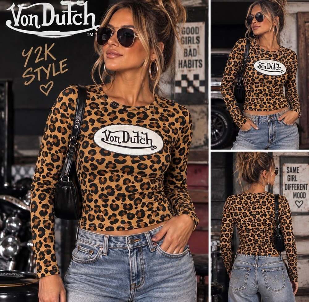 Von Dutch Women’s Leopard Print Logo Top Y2K Style Long Sleeve Size M